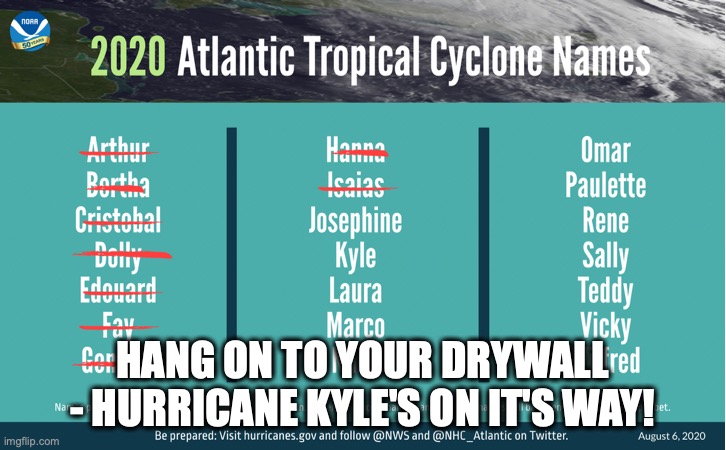 Hurricane Kyle | HANG ON TO YOUR DRYWALL - HURRICANE KYLE'S ON IT'S WAY! | image tagged in kyle,hurricane,2020,weather,hurricane kyle | made w/ Imgflip meme maker