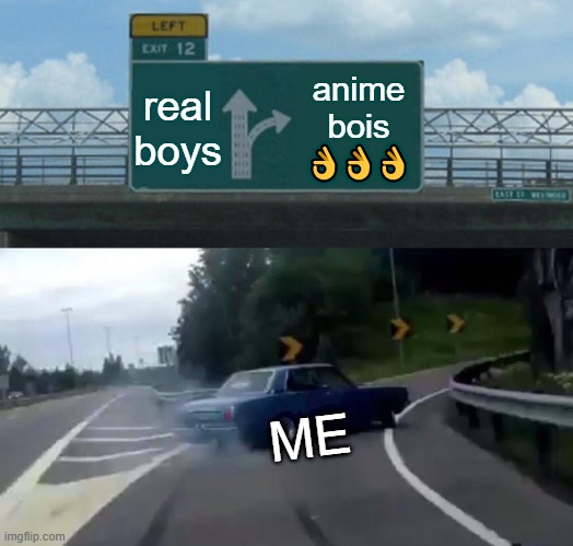 Left Exit 12 Off Ramp | real boys; anime bois 👌👌👌; ME | image tagged in memes,left exit 12 off ramp | made w/ Imgflip meme maker