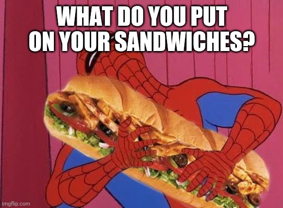 Spiderman sandwich | WHAT DO YOU PUT ON YOUR SANDWICHES? | image tagged in spiderman sandwich | made w/ Imgflip meme maker