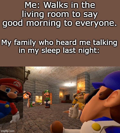 Me: Walks in the living room to say good morning to everyone. My family who heard me talking
in my sleep last night: | image tagged in smg4 | made w/ Imgflip meme maker