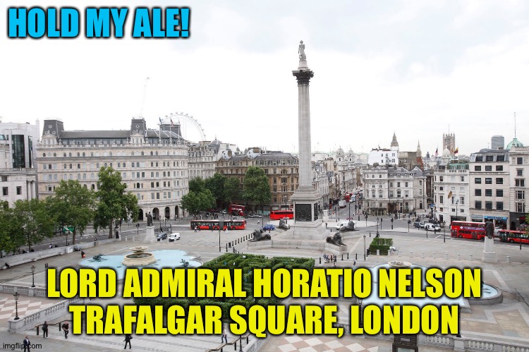 Who's gonna take this statue down? | HOLD MY ALE! LORD ADMIRAL HORATIO NELSON
TRAFALGAR SQUARE, LONDON | image tagged in trafalgar square | made w/ Imgflip meme maker