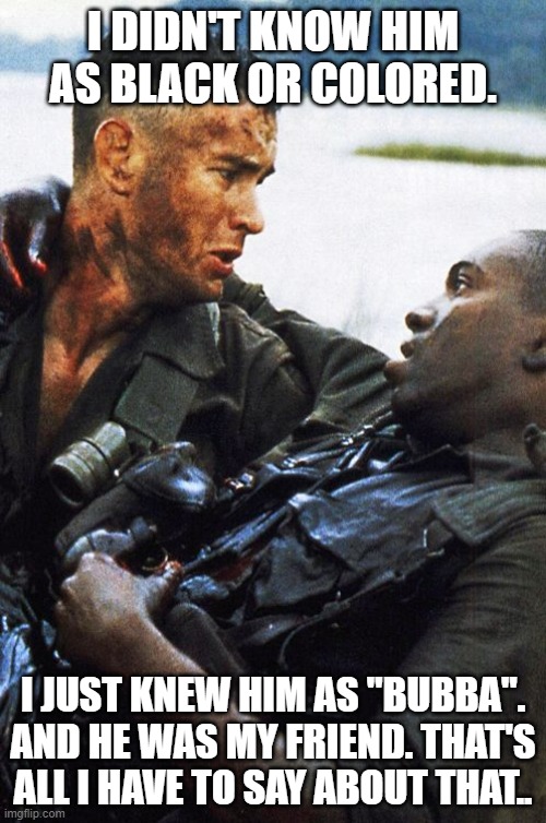 What color is a friend? | I DIDN'T KNOW HIM AS BLACK OR COLORED. I JUST KNEW HIM AS "BUBBA". AND HE WAS MY FRIEND. THAT'S ALL I HAVE TO SAY ABOUT THAT.. | image tagged in forest gump i want to go home | made w/ Imgflip meme maker