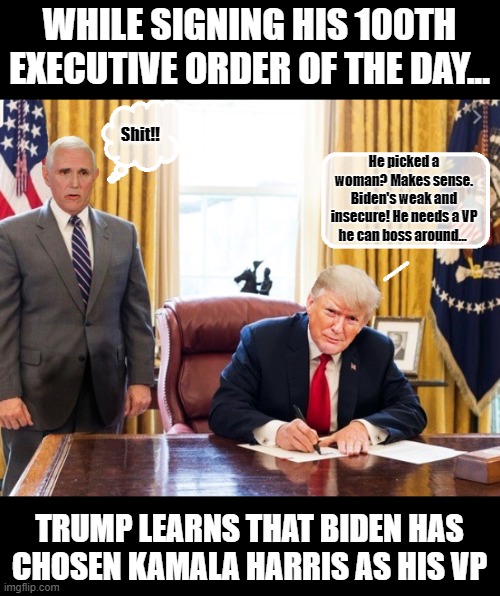 PENCE'S WORST NIGHTMARE... |  WHILE SIGNING HIS 100TH EXECUTIVE ORDER OF THE DAY... Shit!! He picked a woman? Makes sense. Biden's weak and insecure! He needs a VP he can boss around... TRUMP LEARNS THAT BIDEN HAS CHOSEN KAMALA HARRIS AS HIS VP | image tagged in mike pence,trump is a moron,donald trump is an idiot,lame,incontinence | made w/ Imgflip meme maker