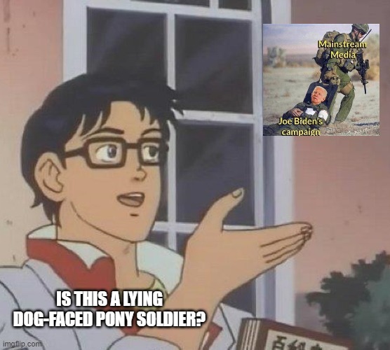 Credit to OP of original inserted meme... | IS THIS A LYING DOG-FACED PONY SOLDIER? | image tagged in memes,is this a pigeon,joe biden,msm | made w/ Imgflip meme maker