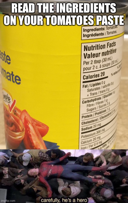 READ THE INGREDIENTS ON YOUR TOMATOES PASTE | image tagged in carefully he's a hero,tomatoes paste tomatoes | made w/ Imgflip meme maker