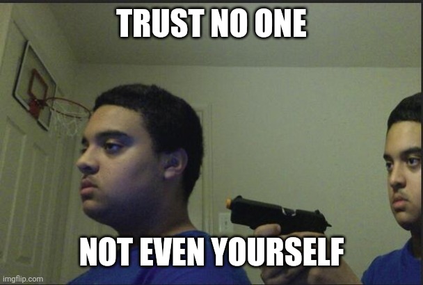 Trust Nobody, Not Even Yourself | TRUST NO ONE NOT EVEN YOURSELF | image tagged in trust nobody not even yourself | made w/ Imgflip meme maker