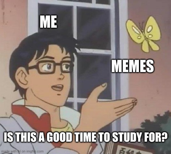 Is This A Pigeon | ME; MEMES; IS THIS A GOOD TIME TO STUDY FOR? | image tagged in memes,is this a pigeon | made w/ Imgflip meme maker
