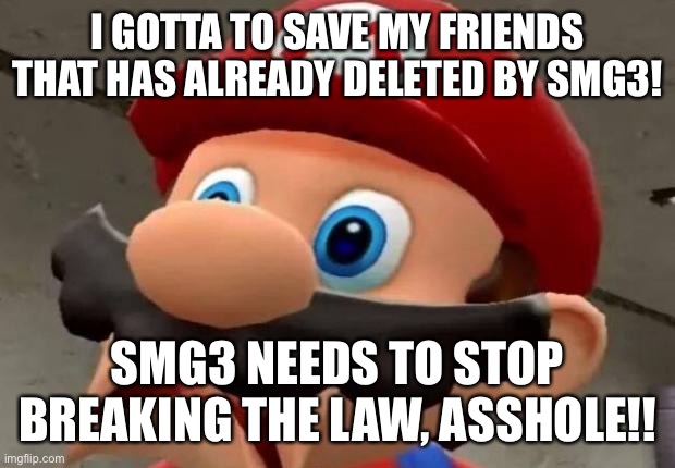 Mario WTF | I GOTTA TO SAVE MY FRIENDS THAT HAS ALREADY DELETED BY SMG3! SMG3 NEEDS TO STOP BREAKING THE LAW, ASSHOLE!! | image tagged in mario wtf | made w/ Imgflip meme maker