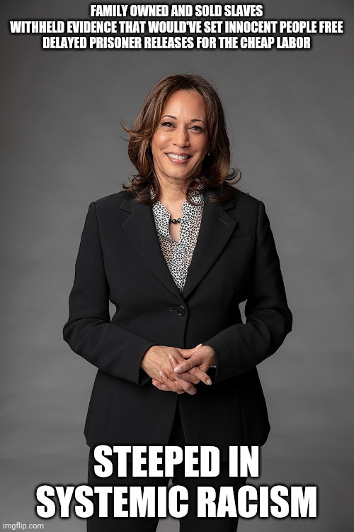 Systemically racist Kamala Harris | FAMILY OWNED AND SOLD SLAVES
WITHHELD EVIDENCE THAT WOULD'VE SET INNOCENT PEOPLE FREE
DELAYED PRISONER RELEASES FOR THE CHEAP LABOR; STEEPED IN SYSTEMIC RACISM | image tagged in kamala harris,election 2020,joe biden,racism | made w/ Imgflip meme maker