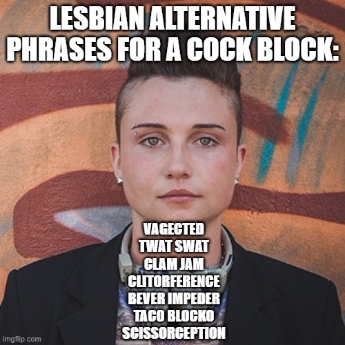 Lesbian Code | LESBIAN ALTERNATIVE PHRASES FOR A COCK BLOCK:; VAGECTED
TWAT SWAT
CLAM JAM
CLITORFERENCE
BEVER IMPEDER
TACO BLOCKO
SCISSORCEPTION | image tagged in lesbian | made w/ Imgflip meme maker