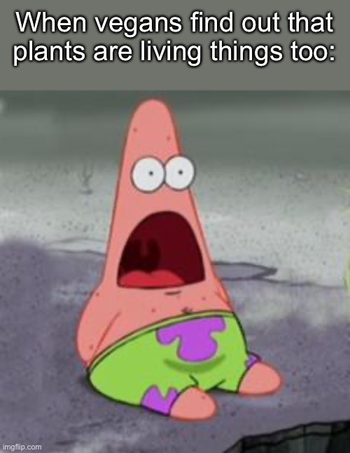 Mind-Blown Patrick | When vegans find out that plants are living things too: | image tagged in mind-blown patrick | made w/ Imgflip meme maker