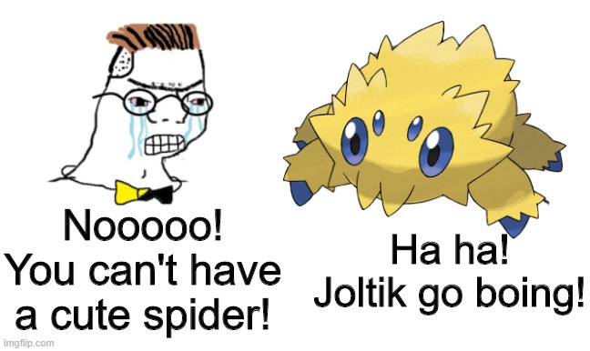 noooo you can't just | Nooooo! You can't have a cute spider! Ha ha! Joltik go boing! | image tagged in noooo you can't just | made w/ Imgflip meme maker
