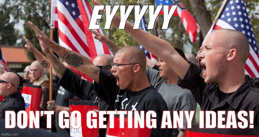 ImgFlip Neo-Nazis and crypto-fascists: Don’t go getting any ideas. | EYYYYY; DON’T GO GETTING ANY IDEAS! | image tagged in neo nazis,ideas,free speech,hate speech,nazis,neo-nazis | made w/ Imgflip meme maker