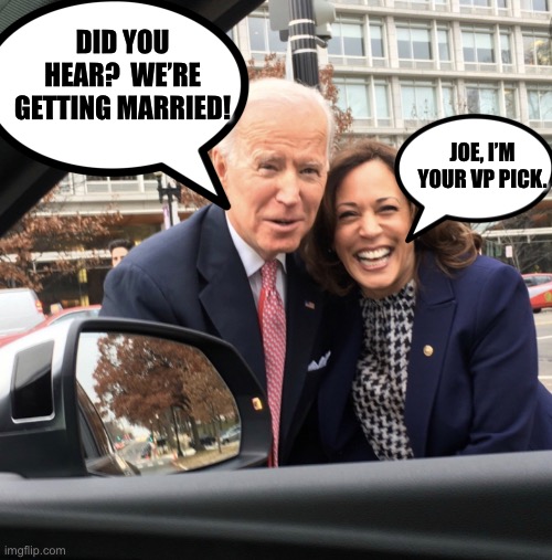 Joe Biden’s thoughts right now | DID YOU HEAR?  WE’RE GETTING MARRIED! JOE, I’M YOUR VP PICK. | image tagged in joe biden,kamala harris,funny,memes,politics,dimentia | made w/ Imgflip meme maker