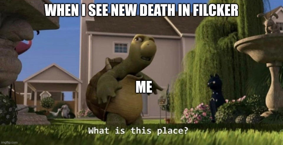 this is just a meme about death move along | WHEN I SEE NEW DEATH IN FILCKER; ME | image tagged in what is this place | made w/ Imgflip meme maker