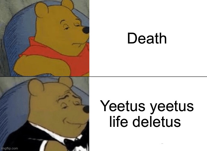Tuxedo Winnie The Pooh | Death; Yeetus yeetus life deletus | image tagged in memes,tuxedo winnie the pooh | made w/ Imgflip meme maker