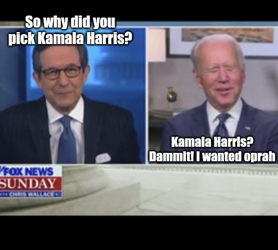 Poor, Confused Joe Biden | So why did you pick Kamala Harris? Kamala Harris? Dammit! I wanted oprah | image tagged in poor confused joe biden | made w/ Imgflip meme maker