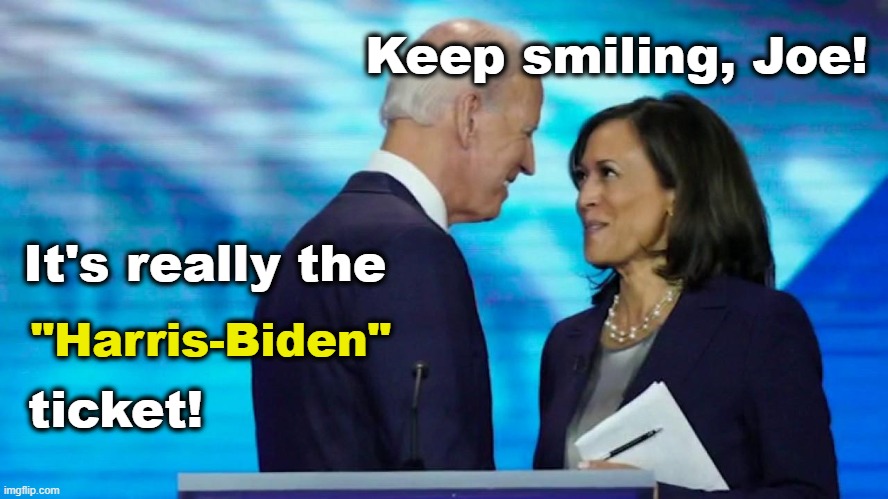 Harris-Biden Democrat Ticket | Keep smiling, Joe! It's really the; "Harris-Biden"; ticket! | image tagged in joe biden,kamala harris,election 2020,democrats,liberals | made w/ Imgflip meme maker