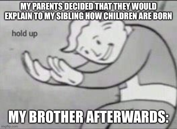 This is very true | MY PARENTS DECIDED THAT THEY WOULD
EXPLAIN TO MY SIBLING HOW CHILDREN ARE BORN; MY BROTHER AFTERWARDS: | image tagged in fallout hold up | made w/ Imgflip meme maker