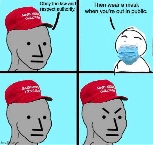 HOW DARE YOU | Then wear a mask when you're out in public. Obey the law and
respect authority. | image tagged in npc meme,trump supporters,conservatives,coronavirus,police,republicans | made w/ Imgflip meme maker