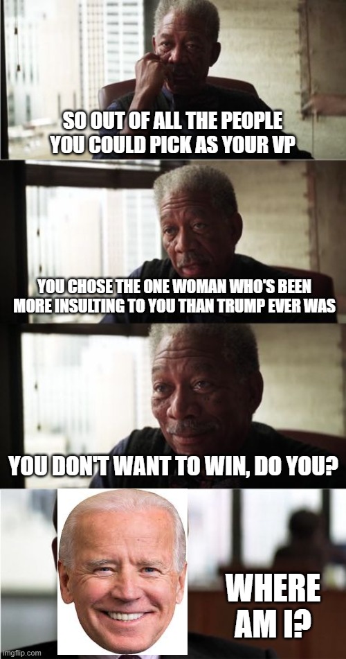 Morgan Freeman Good Luck Meme | SO OUT OF ALL THE PEOPLE YOU COULD PICK AS YOUR VP; YOU CHOSE THE ONE WOMAN WHO'S BEEN MORE INSULTING TO YOU THAN TRUMP EVER WAS; YOU DON'T WANT TO WIN, DO YOU? WHERE AM I? | image tagged in memes,morgan freeman good luck | made w/ Imgflip meme maker