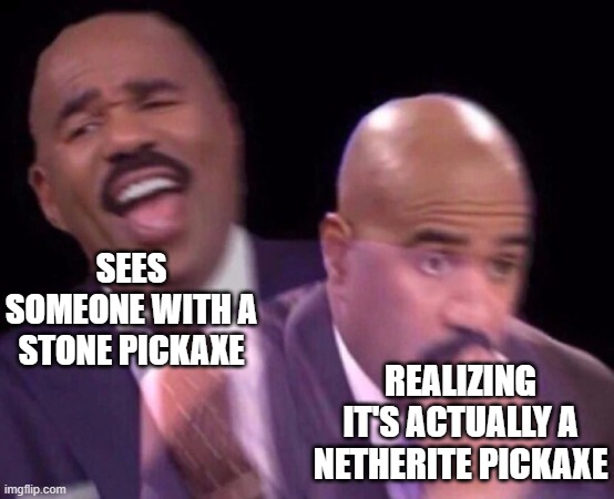 Is it just me, or do stone and netherite look WAY too alike? | SEES SOMEONE WITH A STONE PICKAXE; REALIZING IT'S ACTUALLY A NETHERITE PICKAXE | image tagged in steve harvey laughing serious | made w/ Imgflip meme maker