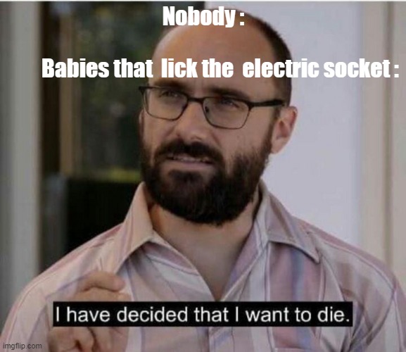 Bruh | Nobody :

                                                                              
        Babies that  lick the  electric socket : | image tagged in i have decided that i want to die | made w/ Imgflip meme maker