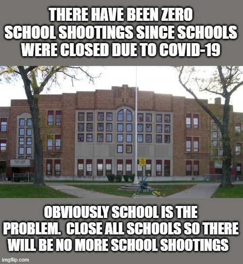 Literally how liberals think | THERE HAVE BEEN ZERO SCHOOL SHOOTINGS SINCE SCHOOLS WERE CLOSED DUE TO COVID-19; OBVIOUSLY SCHOOL IS THE PROBLEM.  CLOSE ALL SCHOOLS SO THERE WILL BE NO MORE SCHOOL SHOOTINGS | image tagged in high school,school shootings,democrats,morons | made w/ Imgflip meme maker