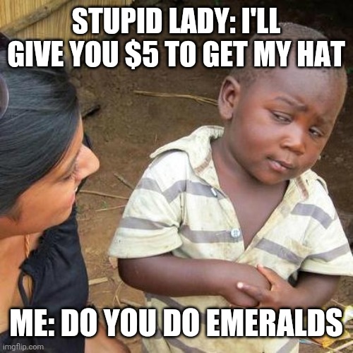 Third World Skeptical Kid Meme | STUPID LADY: I'LL GIVE YOU $5 TO GET MY HAT; ME: DO YOU DO EMERALDS | image tagged in memes,third world skeptical kid | made w/ Imgflip meme maker