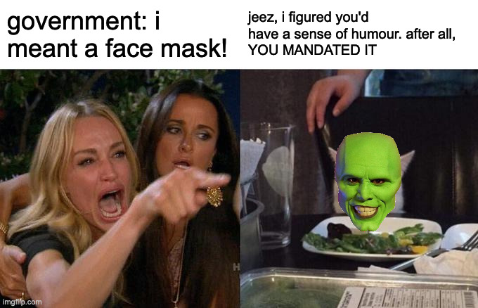 mandatory the masks | government: i meant a face mask! jeez, i figured you'd have a sense of humour. after all, 
YOU MANDATED IT | image tagged in memes,woman yelling at cat,the mask,covid19,mandatory masks | made w/ Imgflip meme maker