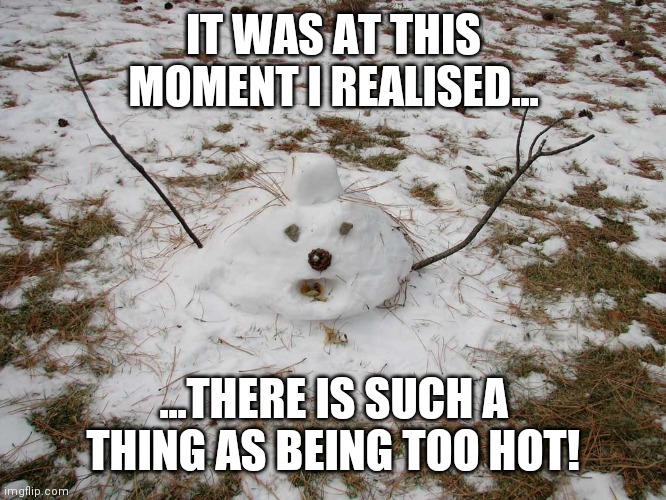 Too hot | IT WAS AT THIS MOMENT I REALISED... ...THERE IS SUCH A THING AS BEING TOO HOT! | image tagged in melted snowman,melting,too hot | made w/ Imgflip meme maker
