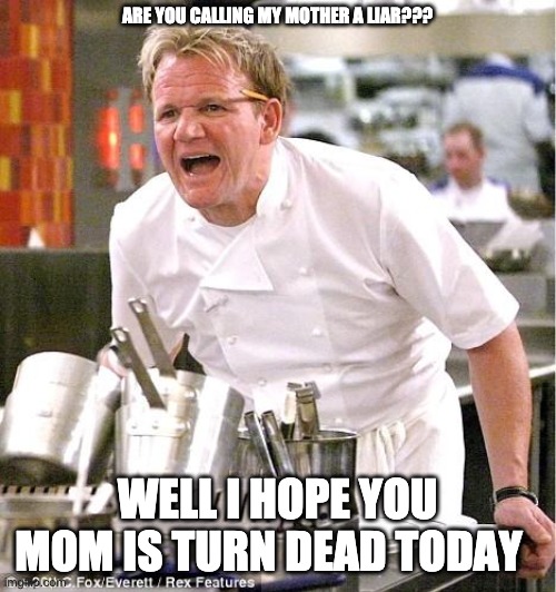 ARE YOU CALLING MY MOTHER A LIAR??? WELL I HOPE YOU MOM IS TURN DEAD TODAY | image tagged in memes,chef gordon ramsay | made w/ Imgflip meme maker
