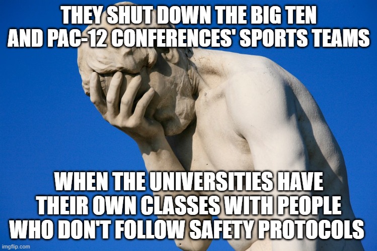who else thinks this was a bogus move? | THEY SHUT DOWN THE BIG TEN AND PAC-12 CONFERENCES' SPORTS TEAMS; WHEN THE UNIVERSITIES HAVE THEIR OWN CLASSES WITH PEOPLE WHO DON'T FOLLOW SAFETY PROTOCOLS | image tagged in embarrassed statue,memes,big ten,pac-12,sports,offensive | made w/ Imgflip meme maker