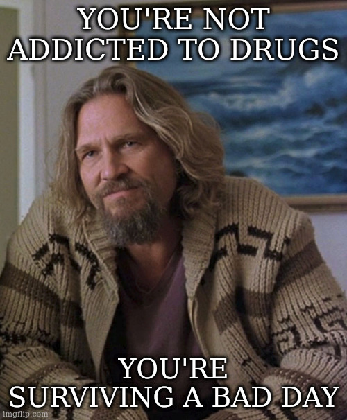opinion | YOU'RE NOT ADDICTED TO DRUGS YOU'RE SURVIVING A BAD DAY | image tagged in opinion | made w/ Imgflip meme maker