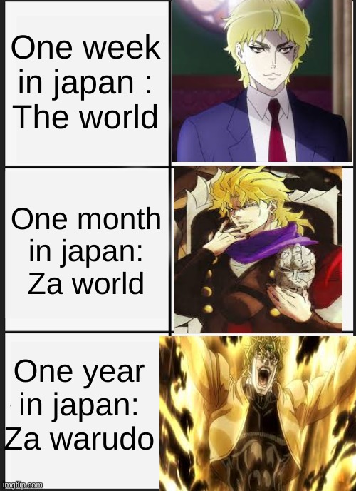 ZA WARUDOOOOO | One week in japan :
The world; One month in japan:
Za world; One year in japan:
Za warudo | image tagged in memes,panik kalm panik | made w/ Imgflip meme maker