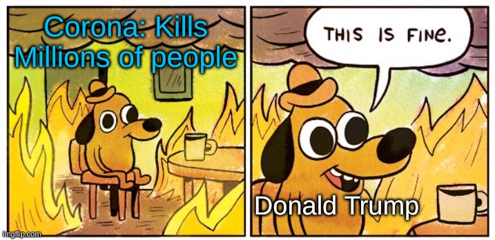 politics time | Corona: Kills Millions of people; Donald Trump | image tagged in memes,this is fine | made w/ Imgflip meme maker