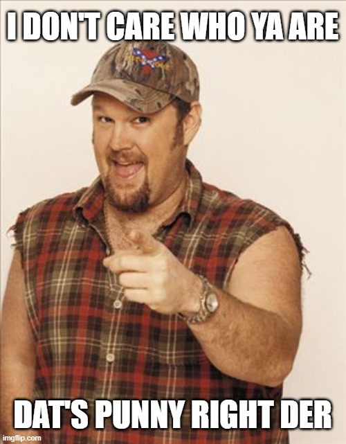 Larry The Cable Guy | I DON'T CARE WHO YA ARE DAT'S PUNNY RIGHT DER | image tagged in larry the cable guy | made w/ Imgflip meme maker