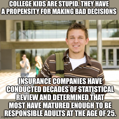 college kid | COLLEGE KIDS ARE STUPID. THEY HAVE A PROPENSITY FOR MAKING BAD DECISIONS; INSURANCE COMPANIES HAVE CONDUCTED DECADES OF STATISTICAL REVIEW AND DETERMINED THAT MOST HAVE MATURED ENOUGH TO BE RESPONSIBLE ADULTS AT THE AGE OF 25. | image tagged in college kid,dumb and dumber,antifa,blm,communist socialist,college liberal | made w/ Imgflip meme maker