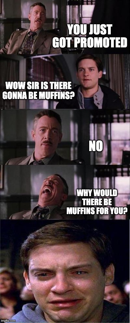 Peter Parker Cry Meme | YOU JUST GOT PROMOTED; WOW SIR IS THERE GONNA BE MUFFINS? NO; WHY WOULD THERE BE MUFFINS FOR YOU? | image tagged in memes,peter parker cry | made w/ Imgflip meme maker