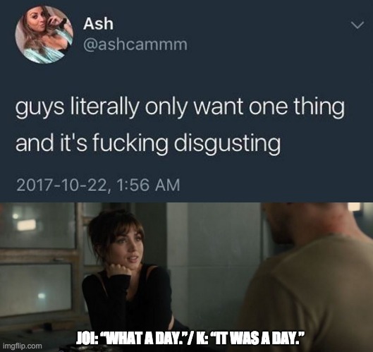 what we really want is a little empahty | JOI: “WHAT A DAY.”/ K: “IT WAS A DAY.” | image tagged in blade runner | made w/ Imgflip meme maker
