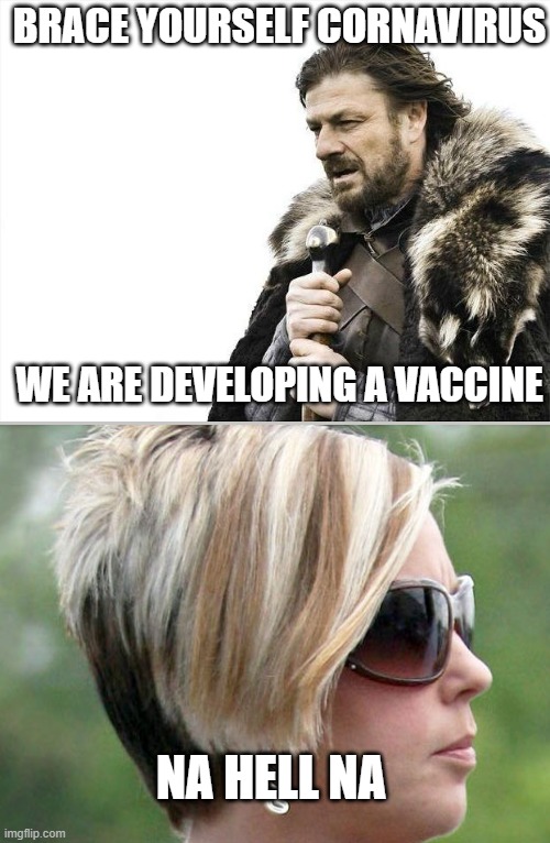 Vaccines better come | BRACE YOURSELF CORNAVIRUS; WE ARE DEVELOPING A VACCINE; NA HELL NA | image tagged in memes,brace yourselves x is coming,vaccines,coronavirus,karen | made w/ Imgflip meme maker
