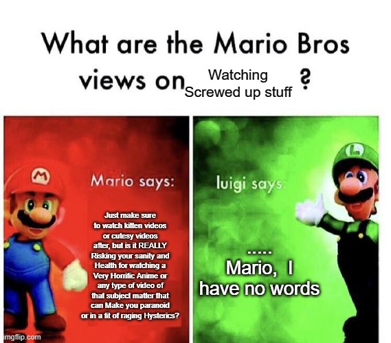 Or in Layman's terms,  If it scares you,  He warned you. | Watching Screwed up stuff; Just make sure to watch kitten videos or cutesy videos after, but is it REALLY Risking your sanity and Health for watching a Very Horrific Anime or any type of video of that subject matter that can Make you paranoid or in a fit of raging Hysterics? ..... Mario,  I have no words | image tagged in mario bros views,memes,dank memes | made w/ Imgflip meme maker