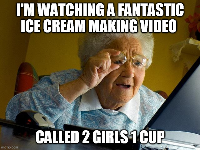 Grandma Finds The Internet | I'M WATCHING A FANTASTIC ICE CREAM MAKING VIDEO; CALLED 2 GIRLS 1 CUP | image tagged in memes,grandma finds the internet | made w/ Imgflip meme maker