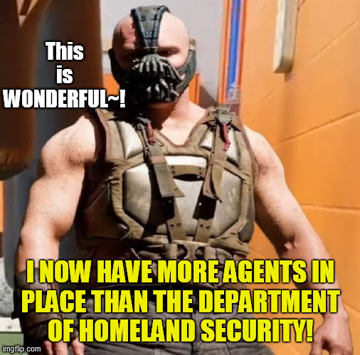 Bane is Ecstatic | This is WONDERFUL~! I NOW HAVE MORE AGENTS IN
PLACE THAN THE DEPARTMENT
OF HOMELAND SECURITY! | image tagged in bane,mask,batman,dhs,agent,anarchy | made w/ Imgflip meme maker