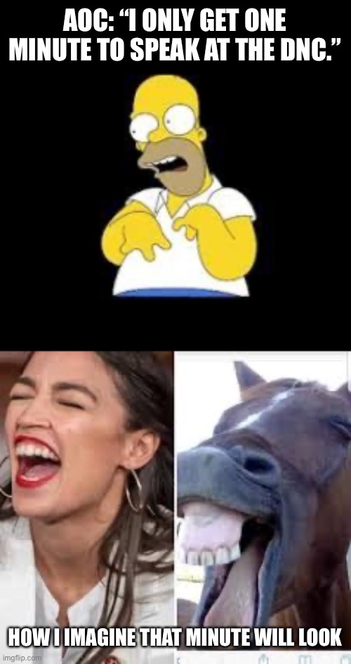 I’m surprised that Seabiscuit gets even a minute | AOC: “I ONLY GET ONE MINUTE TO SPEAK AT THE DNC.”; HOW I IMAGINE THAT MINUTE WILL LOOK | image tagged in look marge,aoc horse,looks like trigger | made w/ Imgflip meme maker