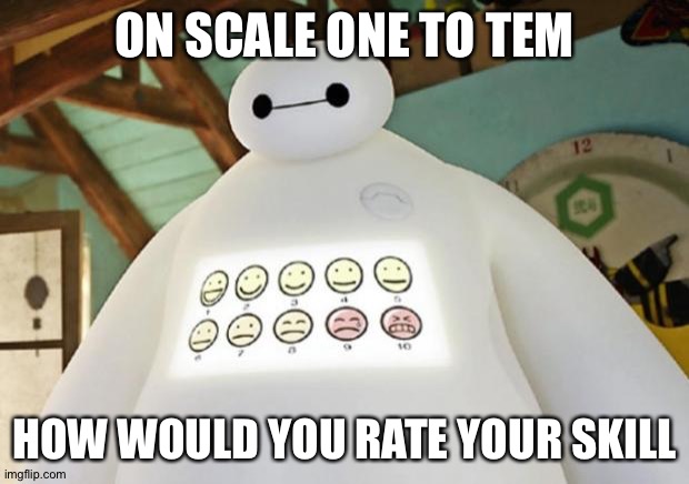 Baymax Guest Experience | ON SCALE ONE TO TEM HOW WOULD YOU RATE YOUR SKILL | image tagged in baymax guest experience | made w/ Imgflip meme maker
