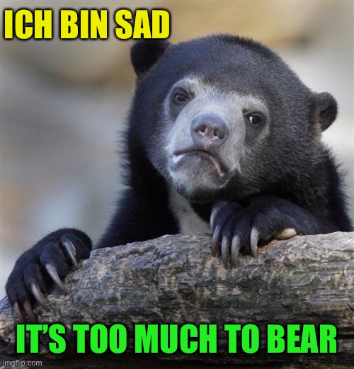 Confession Bear Meme | ICH BIN SAD IT’S TOO MUCH TO BEAR | image tagged in memes,confession bear | made w/ Imgflip meme maker