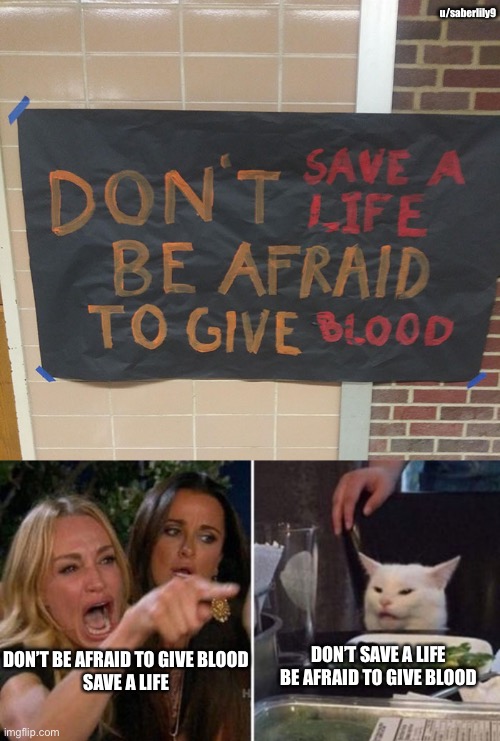 Cat is always right | u/saberlily9; DON’T SAVE A LIFE
BE AFRAID TO GIVE BLOOD; DON’T BE AFRAID TO GIVE BLOOD
SAVE A LIFE | image tagged in woman yelling at cat,memes | made w/ Imgflip meme maker