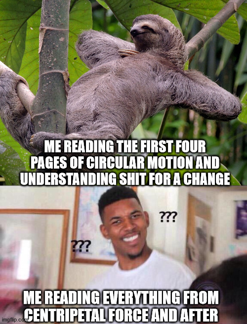 For My Fellow A-Level Physics Peeps. (i understand your pain.) | ME READING THE FIRST FOUR PAGES OF CIRCULAR MOTION AND UNDERSTANDING SHIT FOR A CHANGE; ME READING EVERYTHING FROM CENTRIPETAL FORCE AND AFTER | image tagged in black guy confused,sloth chill | made w/ Imgflip meme maker