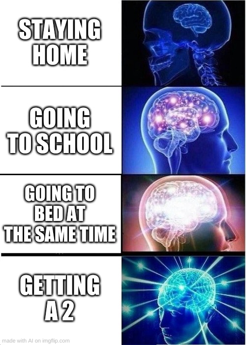 Expanding Brain Meme | STAYING HOME; GOING TO SCHOOL; GOING TO BED AT THE SAME TIME; GETTING A 2 | image tagged in memes,expanding brain | made w/ Imgflip meme maker